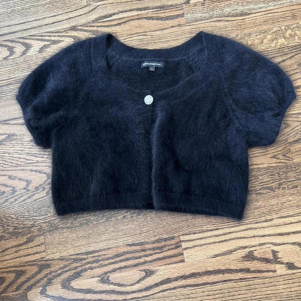 Black fuzzy cropped Express Design Studio angora rabbit hair bolero cardigan